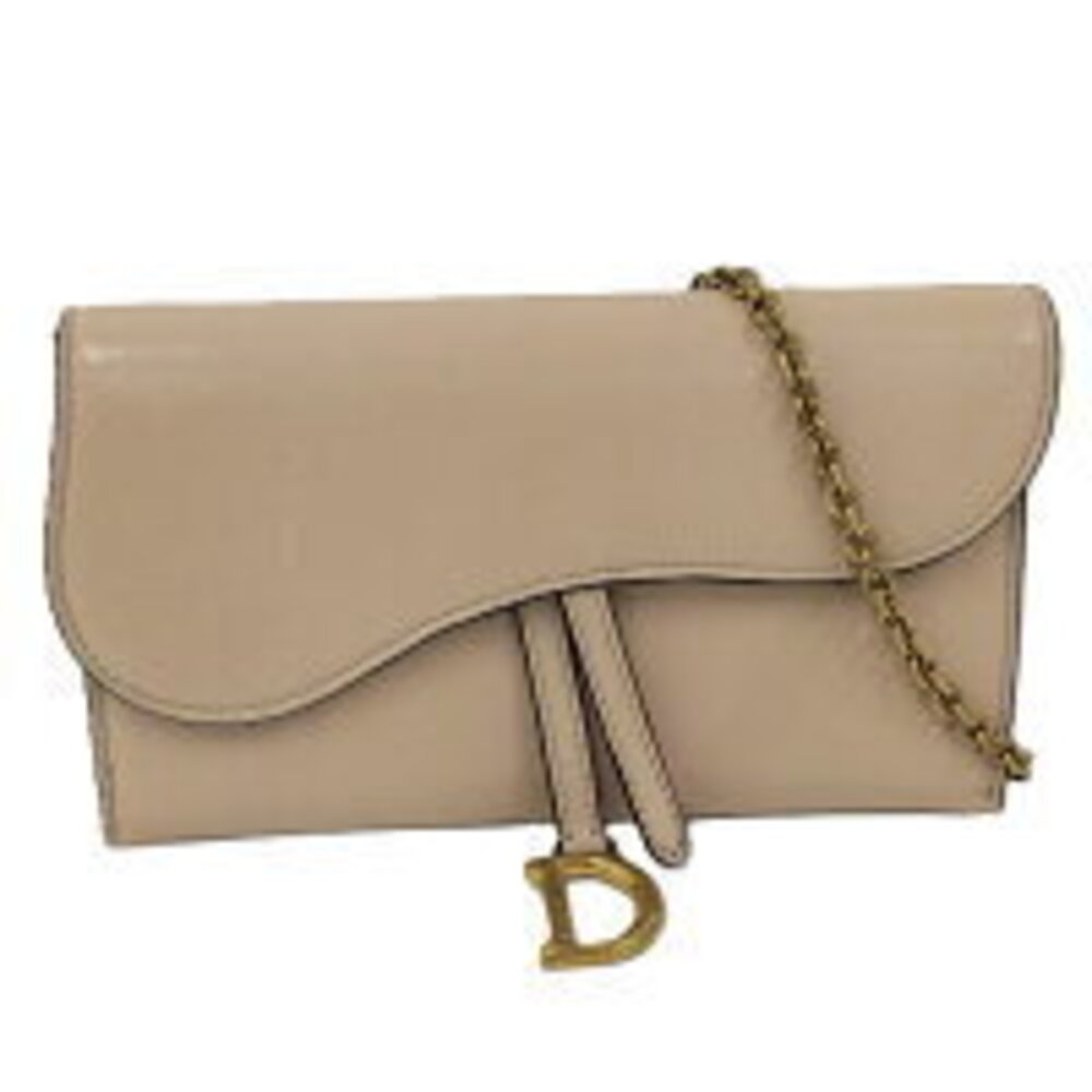 Christian Dior Chain Shoulder Wallet Leather Beige